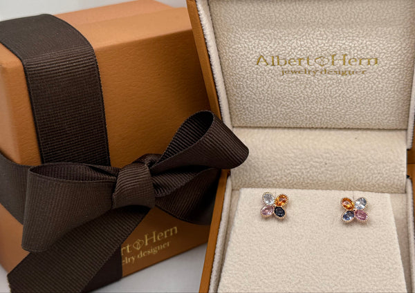 Earrings 14kt Rose Gold Multicolor Sapphires Flowers