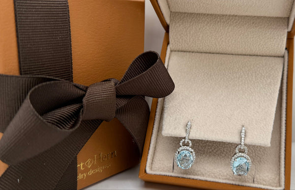 Earrings Platinum Blue Topaz Ovals with Diamonds Hoops