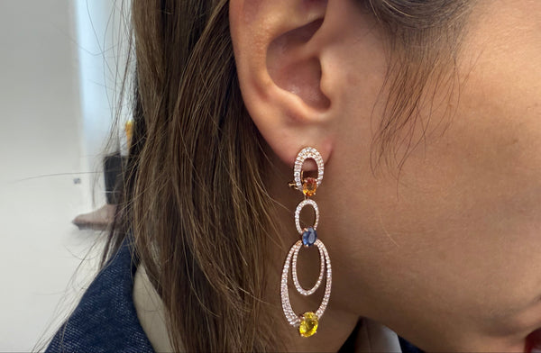Earrings 18Kt Rose Gold Oval Drop with Multicolor Sapphires and Diamonds
