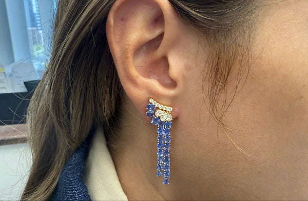 Earrings 18kt Gold Blue Sapphires Two Line Drops and Diamonds