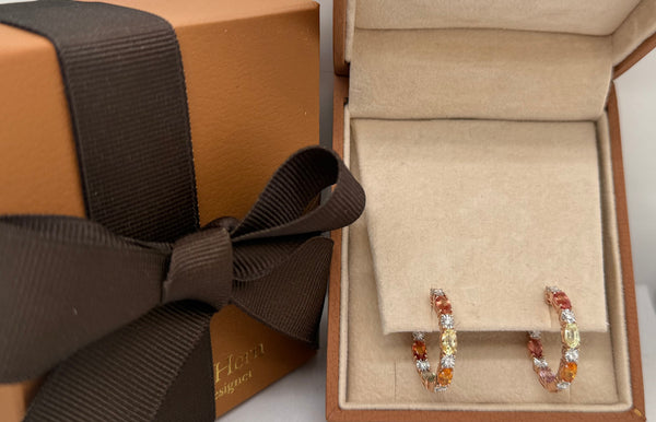 Earrings 14kt Gold Multicolor Oval Sapphires & Diamonds Hoops