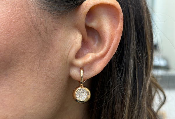 Earrings 14kt Rose Gold Huggies with Cirular Diamonds Drop