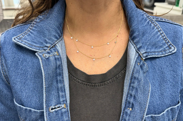 Necklace Double Chain 18kt Yellow Gold 8 Diamonds Stars