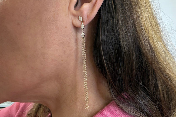 Earrings 14kt Gold rhombus-shaped Diamonds and rain of Chains