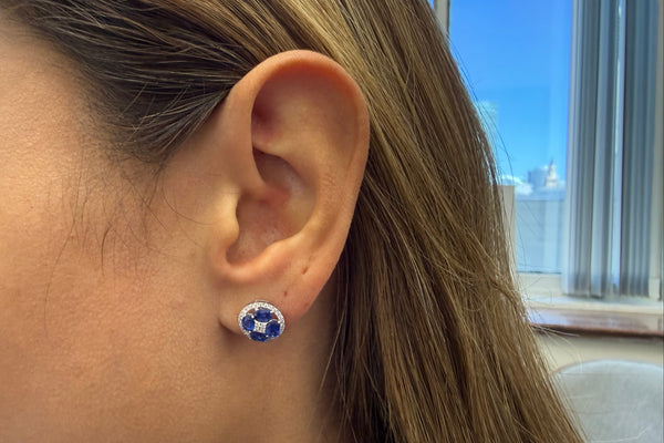 Earrings 18kt Gold Flowers Oval Kenite & Diamonds Studs