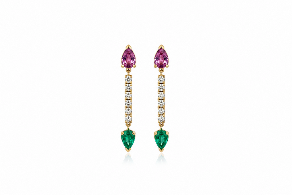 Earrings 14kt Gold Emeralds, Purple Sapphires & Diamonds Drops
