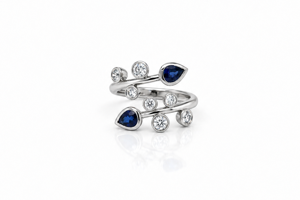 Ring 18kt Gold open Spring Pear Shape Sapphires & Round Diamonds