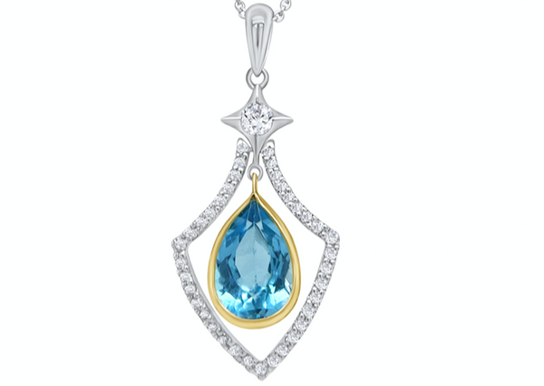 Necklace 18kt Gold Blue Topaz Pear Shape Pendant with Diamonds