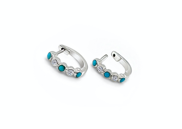Earrings 14kt Gold Mini Hoops with Turquoise and Diamonds