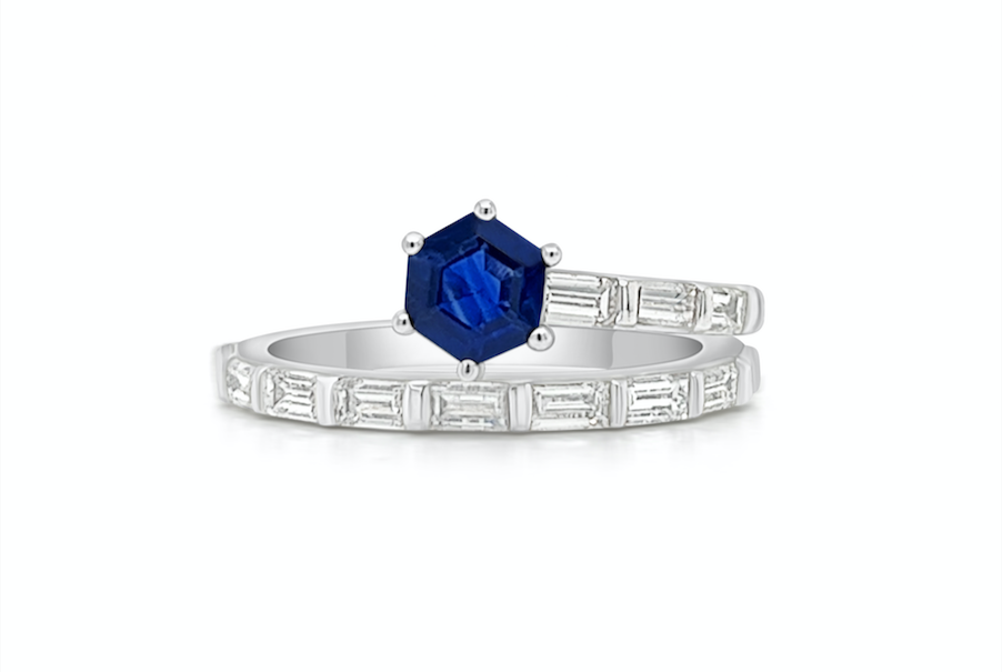 Ring Platinum Blue Sapphire Ceylon &  Baguettes Diamonds