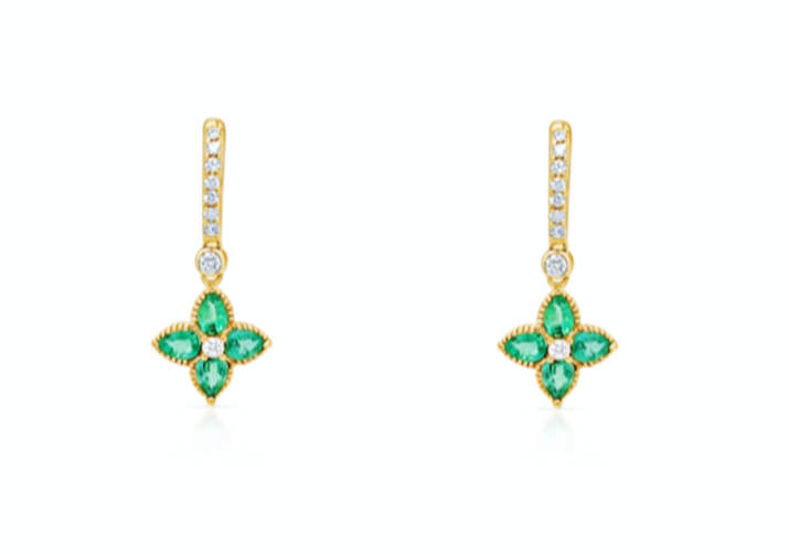 Earrings 18kt Gold Huggies, Emeralds & Diamonds