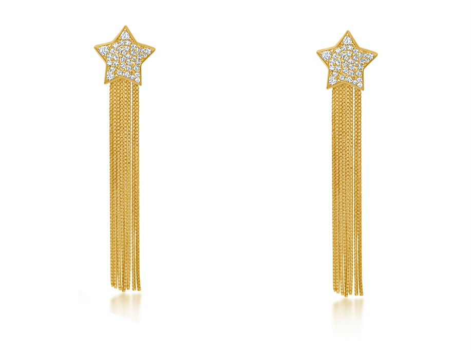 Earrings 14kt Gold Star Studs with Diamonds and rain of Chains