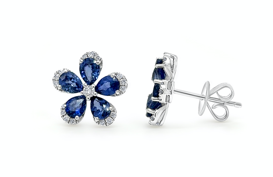Earrings 18kt Gold Flowers Sapphire & Diamonds Studs