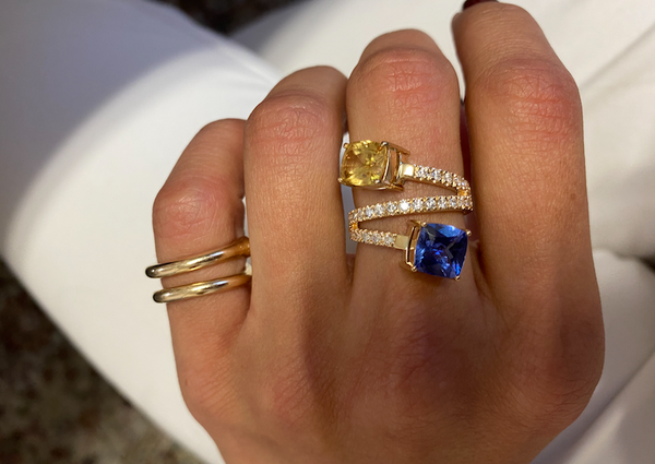 Ring 18kt Gold You and Me Tanzanite Sapphire & Diamonds
