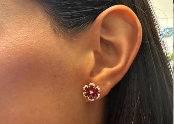 Earrings 18kt Gold 6 Petals Flowers Ruby & Diamonds