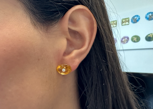 Earrings 18kt Gold Oval Citrine Studs with Diamonds