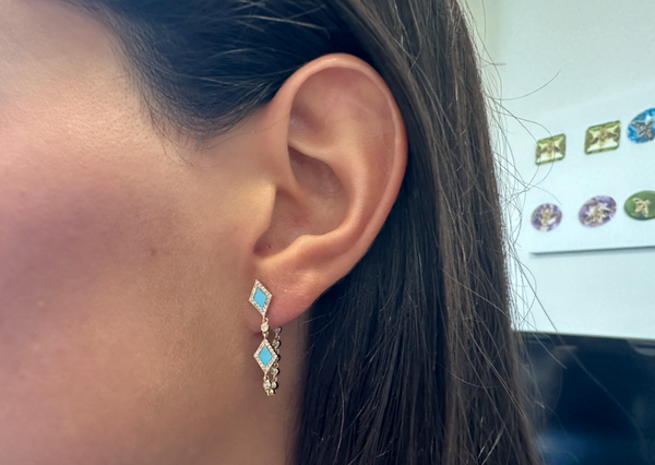 Earrings 14kt Gold Turquoise Rhombus Shape Chain & Outline Diamonds