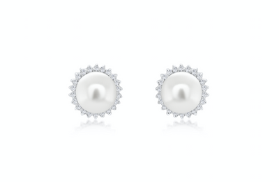 Earrings 14kt Gold Pearls & Surrounding Diamonds Studs