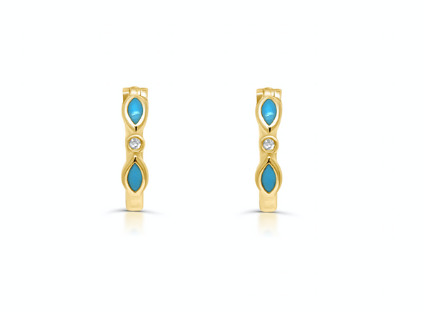 Earrings 14kt Yellow Gold Mini Hoops with Turquoise and Diamonds