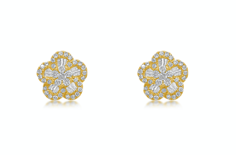 Earrings 18kt Yellow Gold Flowers Baguette & Round Diamonds