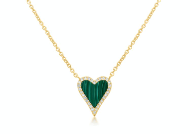 Necklace 14kt Gold Malachite Heart and Diamond