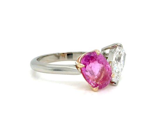 Ring 18Kt Gold GIA Pear Diamond and Oval Pink Sapphire