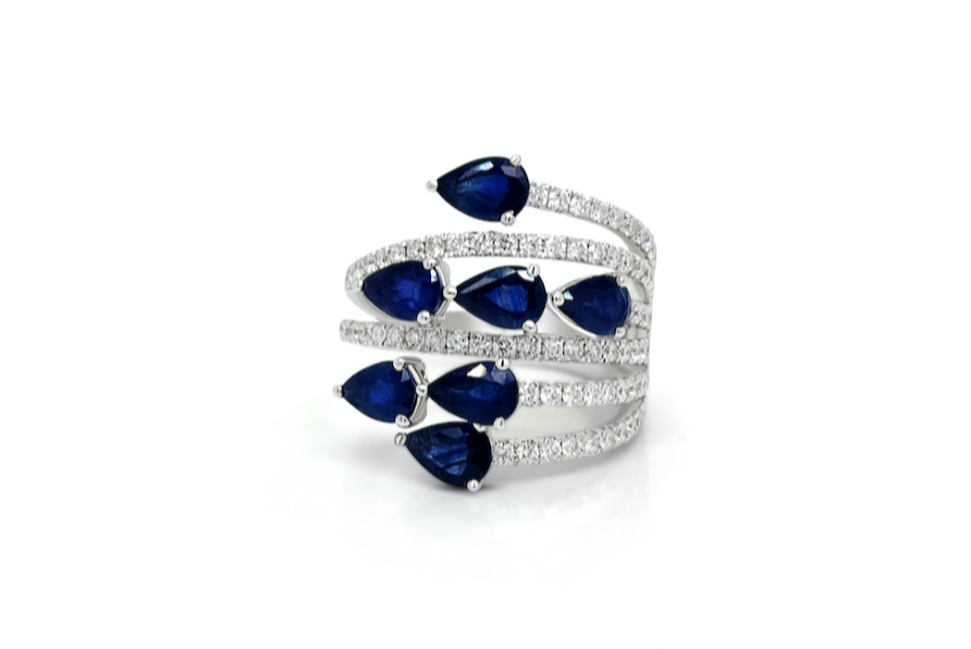 Ring 18kt Gold Spring Pear Shape Sapphires 0.92cts & Diamonds