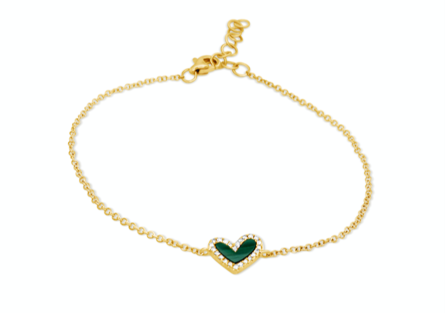 Bracelet 14kt Gold Malachite Heart and Diamond