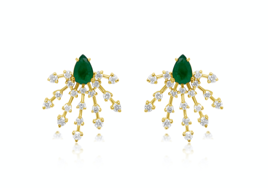 Earrings 14kt Gold Pear Emeralds & Diamonds Stardusts