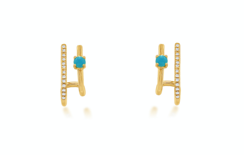 Earrings 14kt Gold Double Row Turquoise & Diamonds
