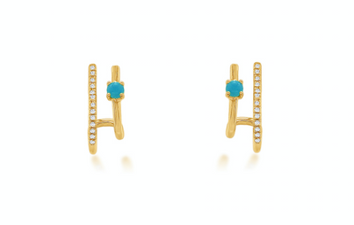 Earrings 14kt Gold Double Row Turquoise & Diamonds