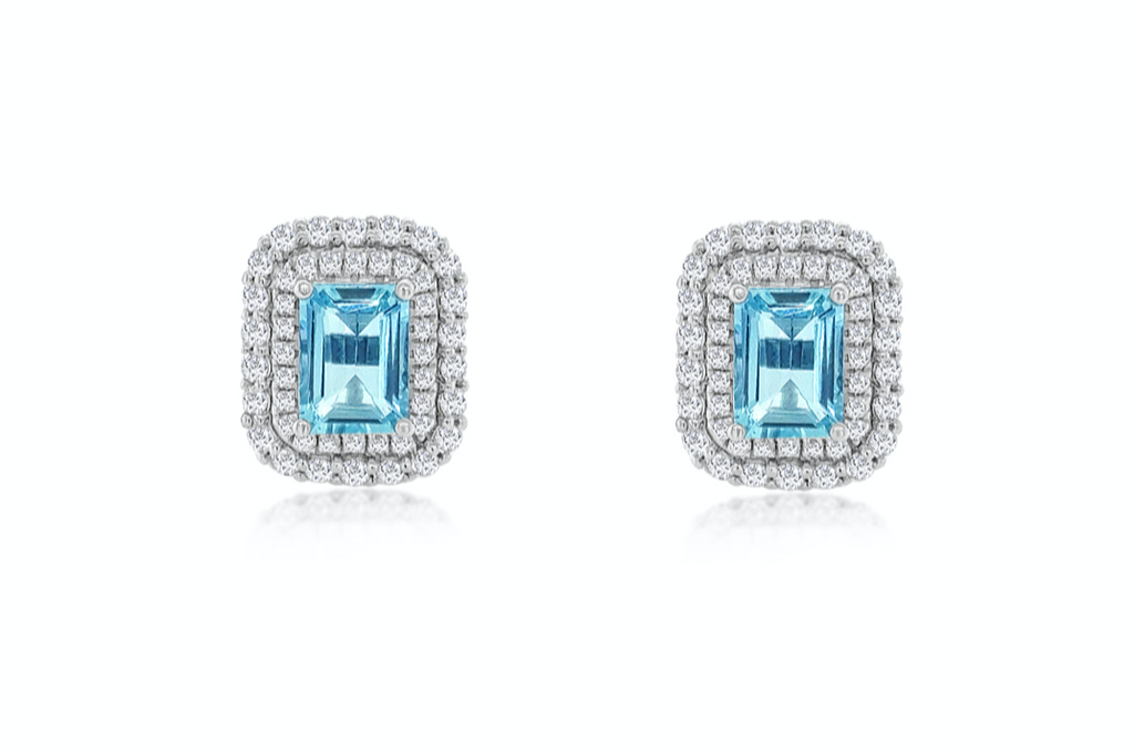 Earrings 18kt Aquamarines & Double Halo of Diamonds