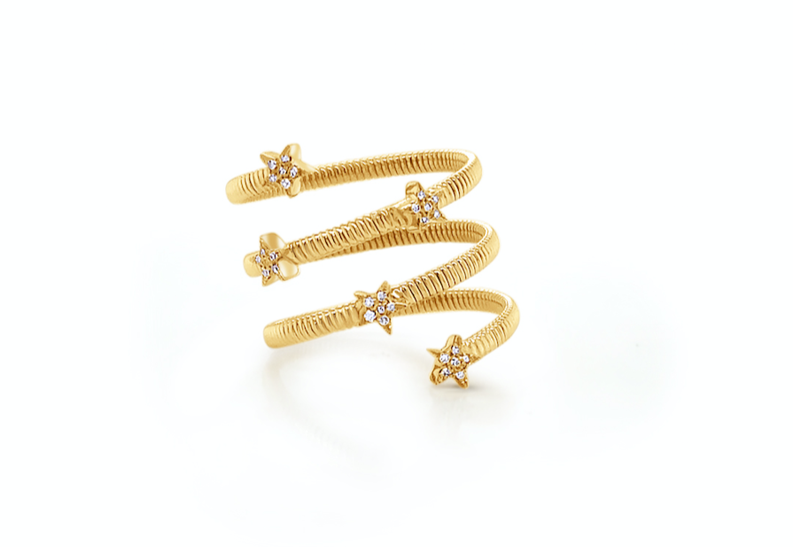 Ring Spiral Yellow Gold Stars & Diamonds