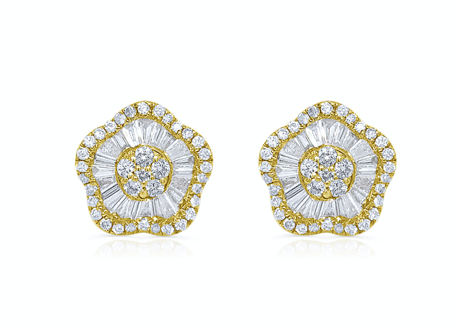 Earrings 18kt Yellow Gold Baguette & Round Diamonds Flowers