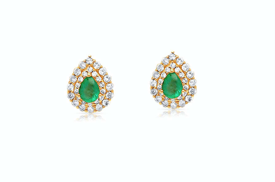 Earrings 18kt Gold Pear Emeralds & Double Halo Round Diamonds Studs