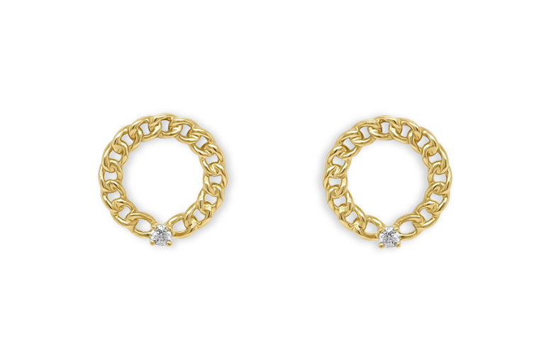 Earrings 14kt Gold Round Diamond & Chain Open Circle