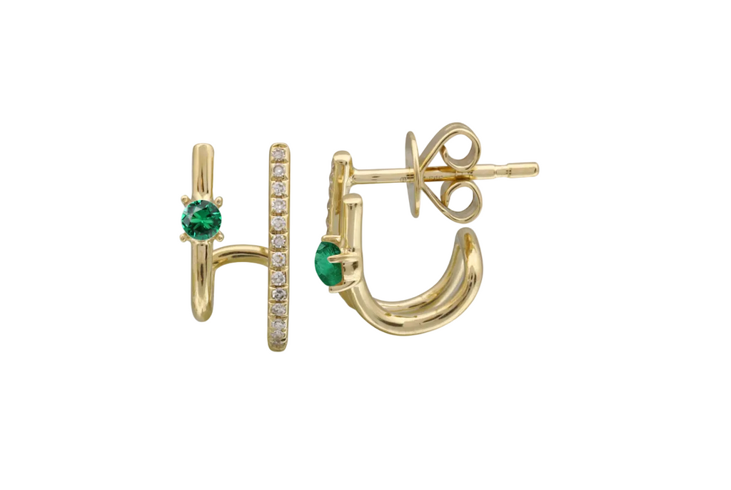 Earrings 14kt Gold Double Row Emeralds & Diamonds
