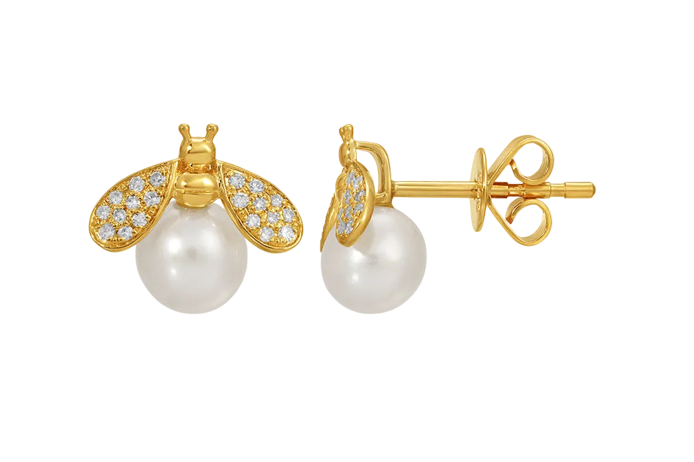 Earrings 14kt Gold Bee with Pearls and Diamonds