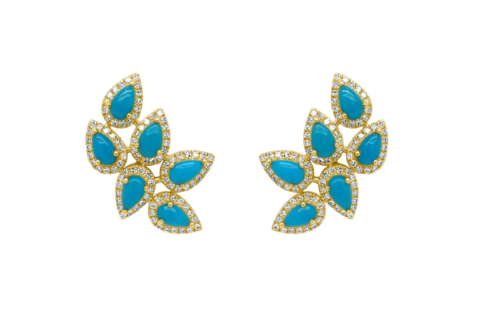 Earrings 14kt Gold Climbers Pear Cabouchon Turquoise with Diamonds