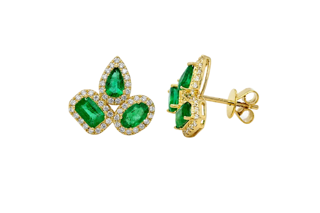 Earrings 14kt Yellow Gold Mixed Cut Emeralds & Diamonds
