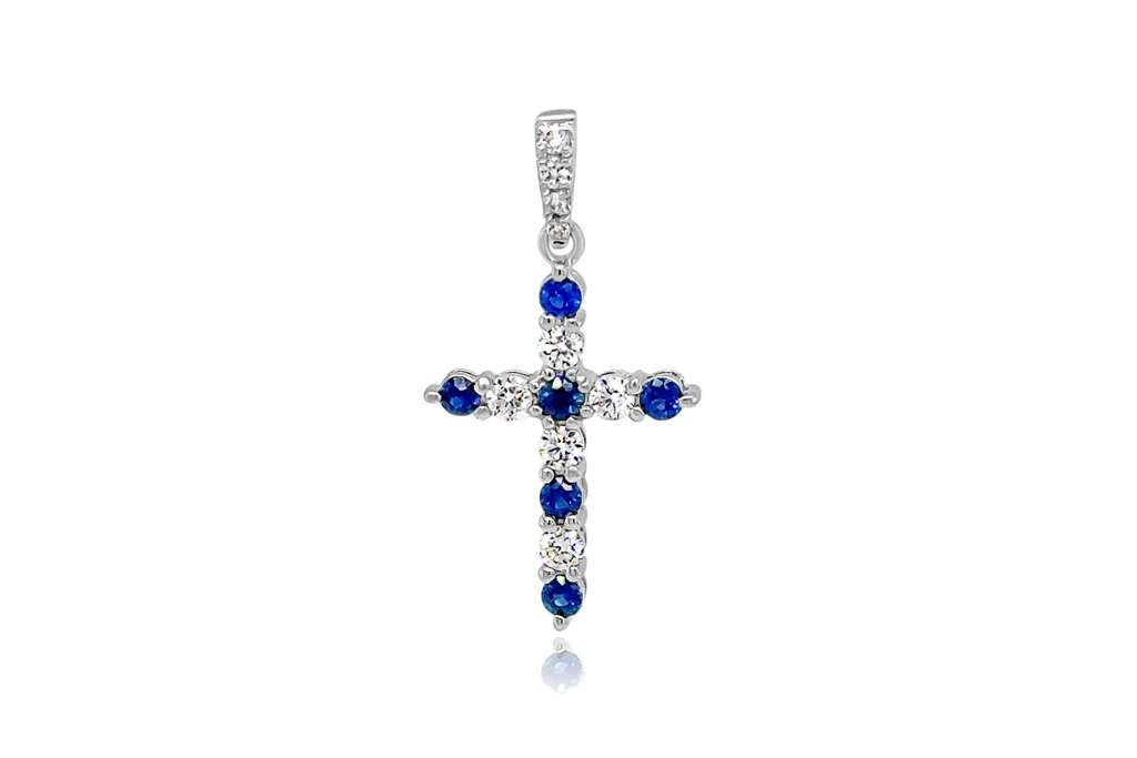 Pendant 18kt Gold Round Diamonds & Sapphires Cross