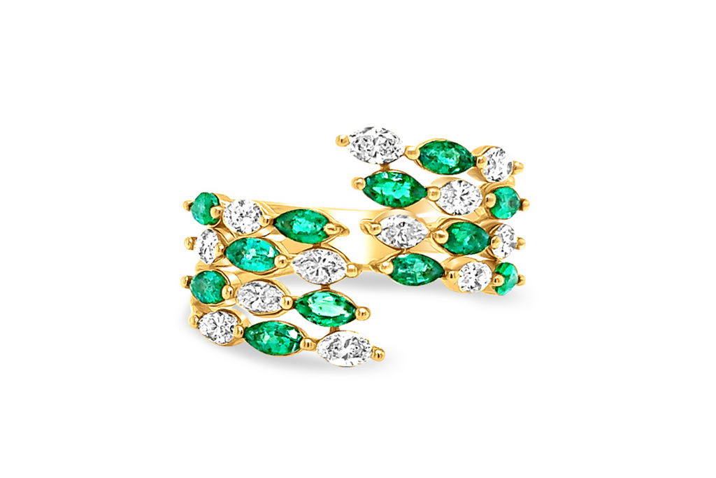 Ring 18kt Gold open Spring Pear Shape Emeralds & Diamonds