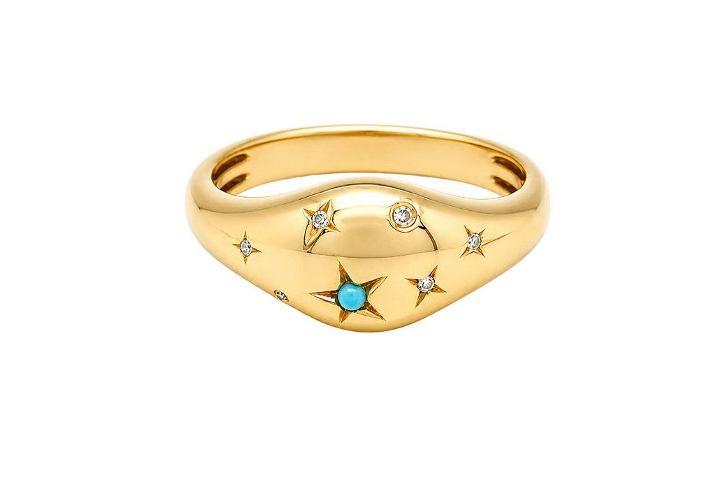 Ring 14Kt Yellow Gold Diamonds & Turquoise