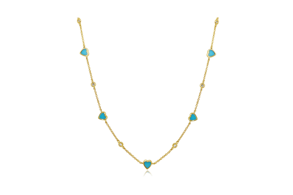 Necklace 14kt Gold Turquoise Hearts & Diamonds