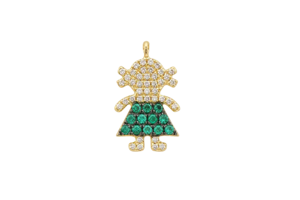 Necklace 14kt Gold Girl with Emeralds & Diamonds