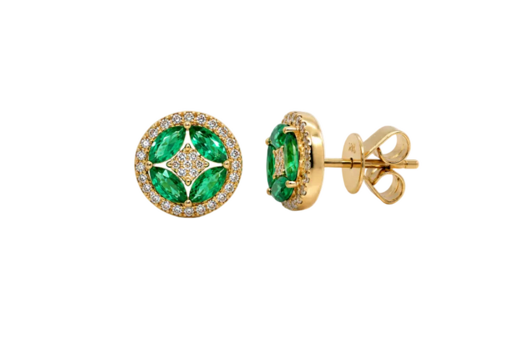 Earrings 14kt Gold Flowers Oval Emeralds & Diamonds Studs