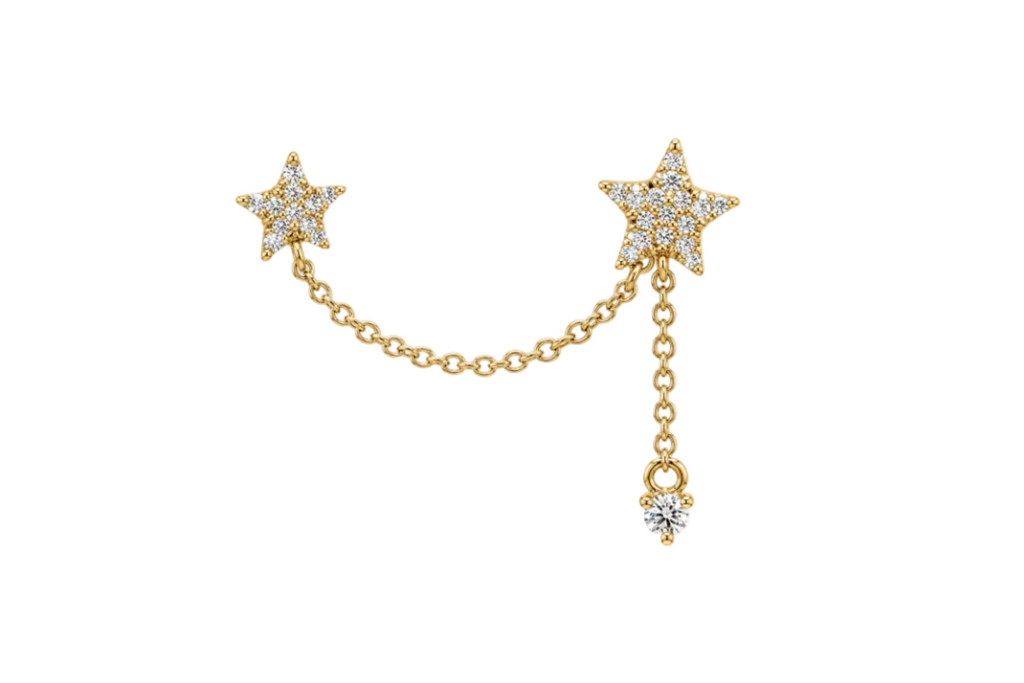 Earrings 14kt Gold Double Stud Chain & Diamonds