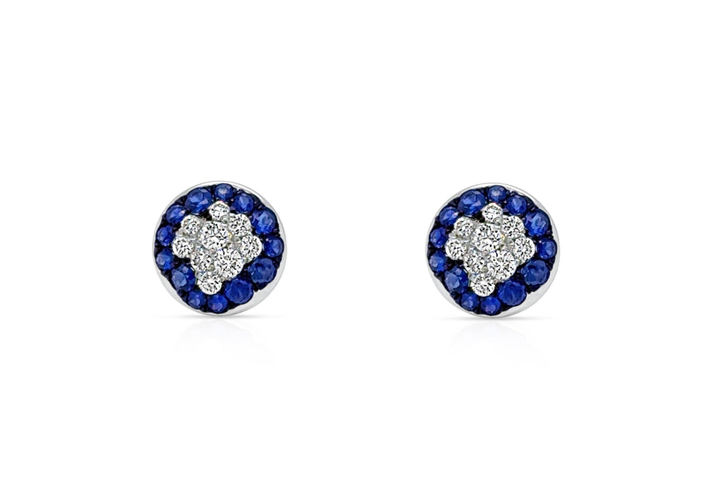Earrings 18Kt Gold Sapphires and Diamonds Round Stud