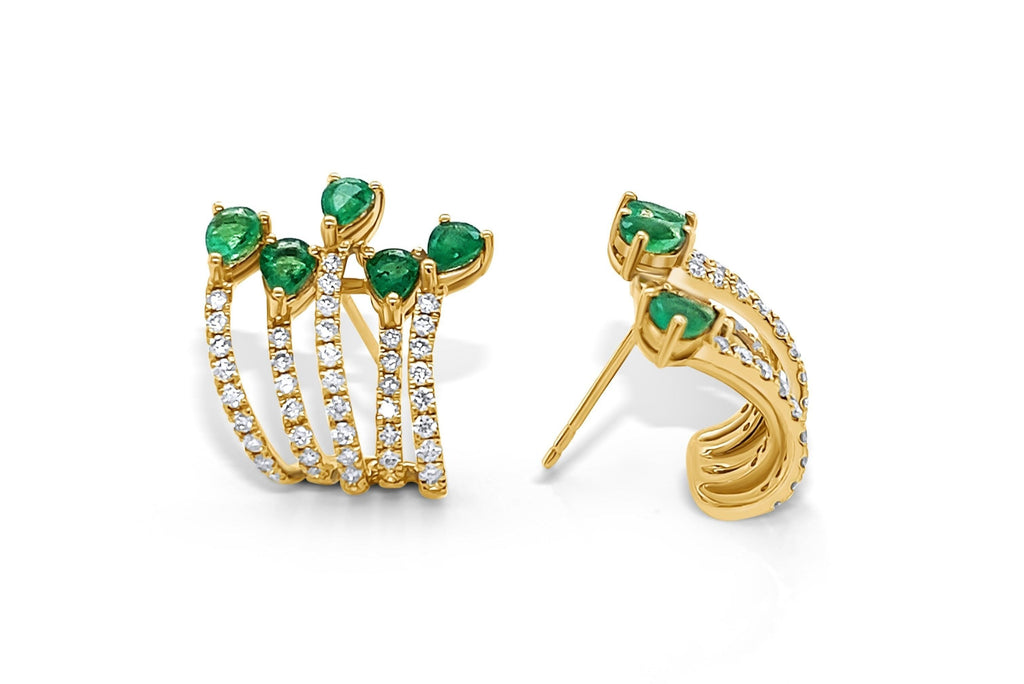 Earrings 18kt Gold Pear Emeralds & Round Diamonds Lobe Studs