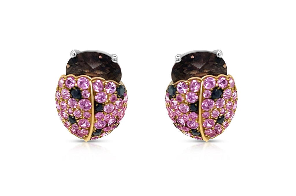 Earrings 18Kt Gold Ladybugs with Pink Sapphires and Black Diamonds